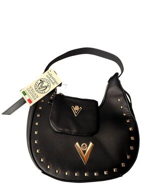 Valentino Orlandi Black Vegan Leather Studded Shoulder Bag with Gold Accents
